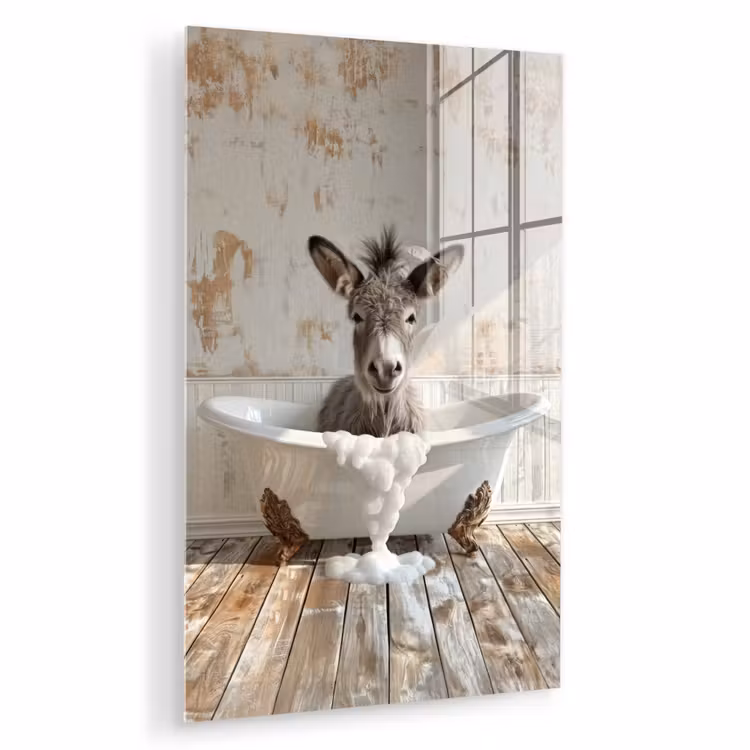 Glas schilderij - Ezel - Dieren - Badkuip - Schuim — 1