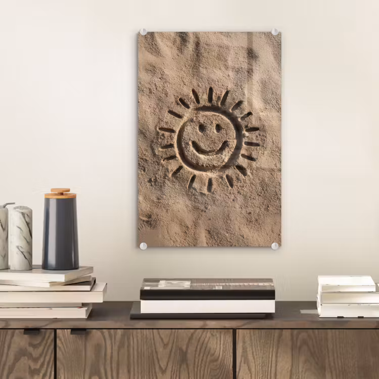 Glas schilderij - Gezichtje - Zon - Zand - Getekend — 2