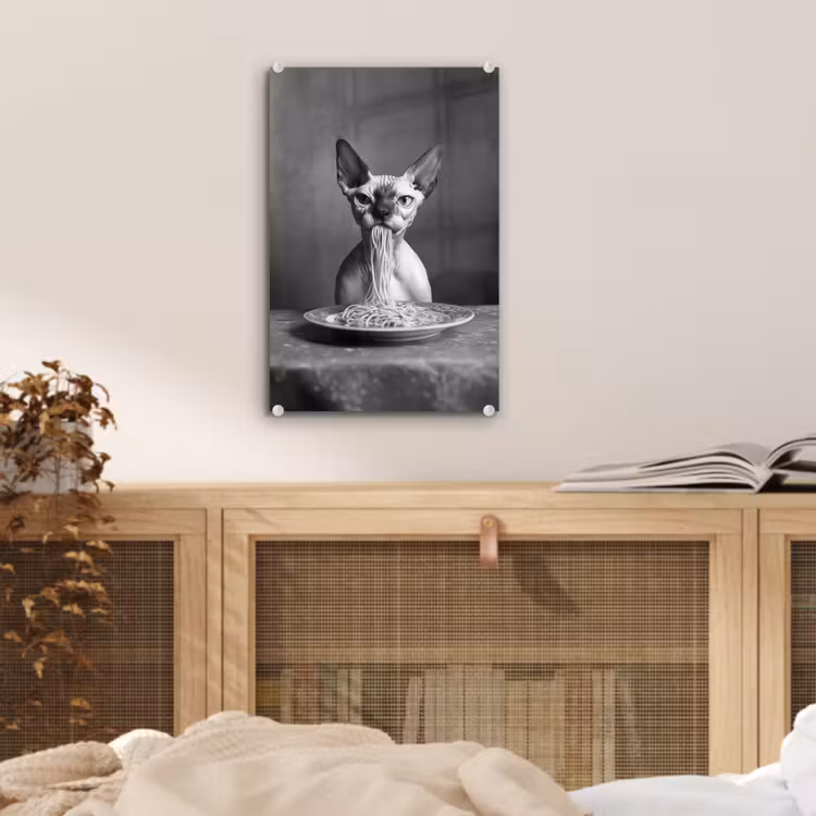 Glas schilderij - Sphynx - Kat - Dieren - Humor - Spaghetti - Zwart Wit — 5
