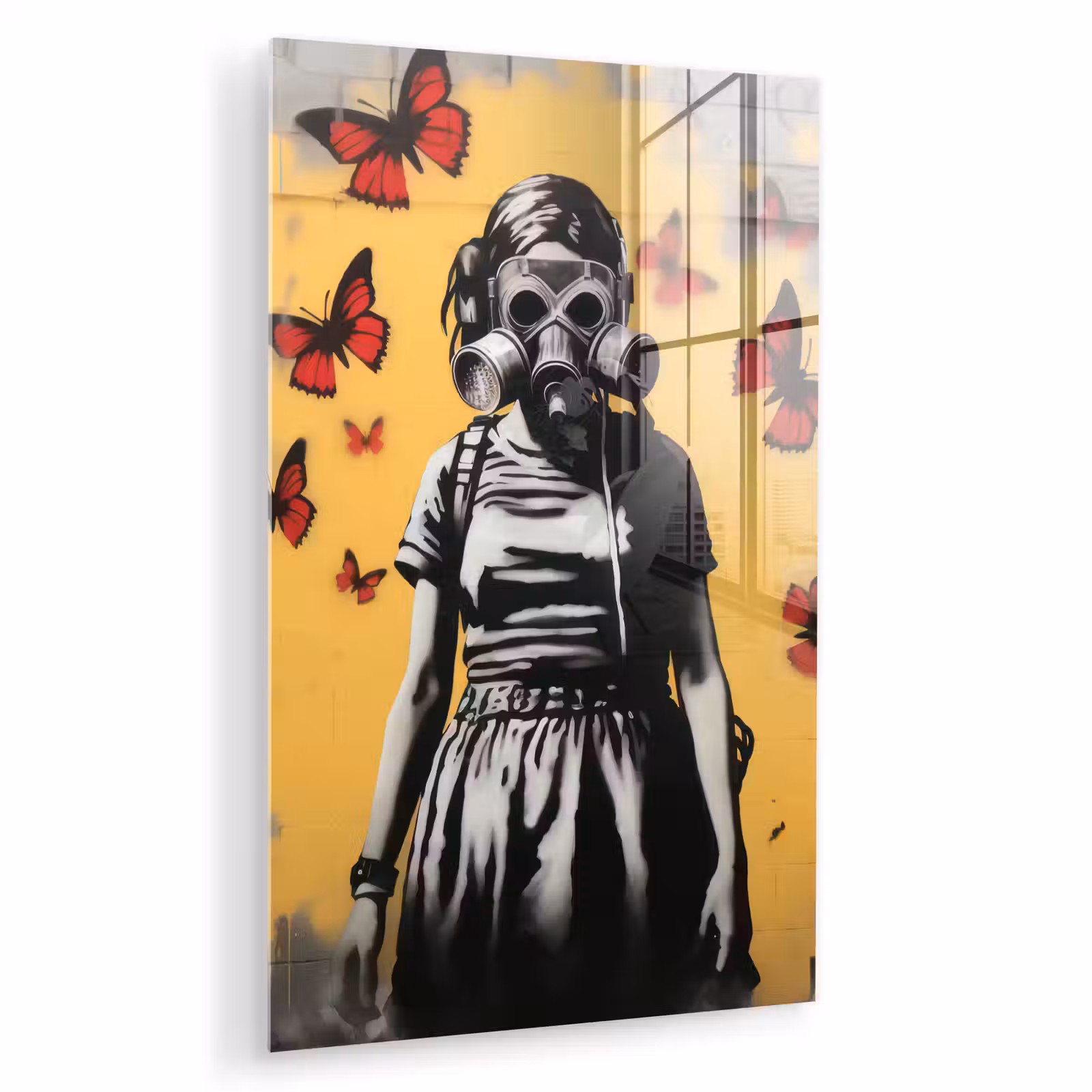 Glas schilderij - Meisje - Gasmasker - Vlinders - Graffiti — 1