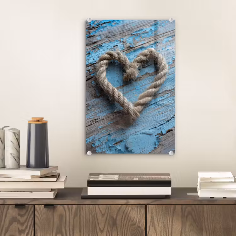 Glas schilderij - Hart - Touw - Hout - Rustiek — 2