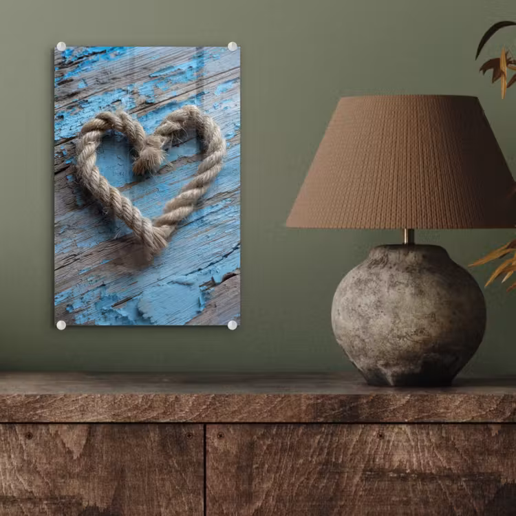 Glas schilderij - Hart - Touw - Hout - Rustiek — 4