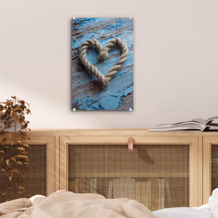 Glas schilderij - Hart - Touw - Hout - Rustiek — 5