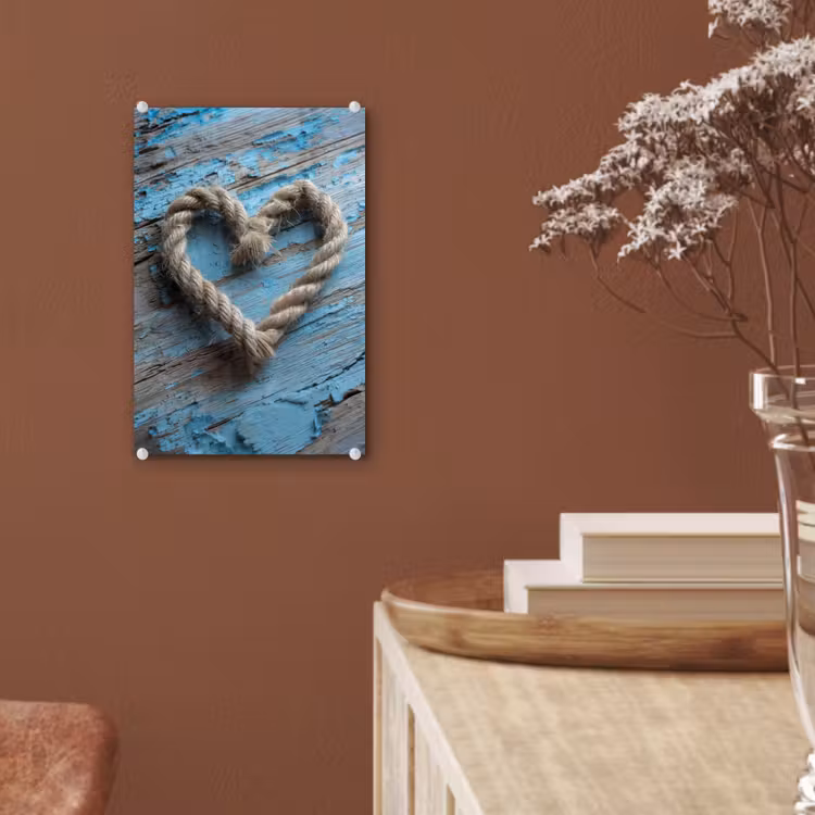 Glas schilderij - Hart - Touw - Hout - Rustiek — 6