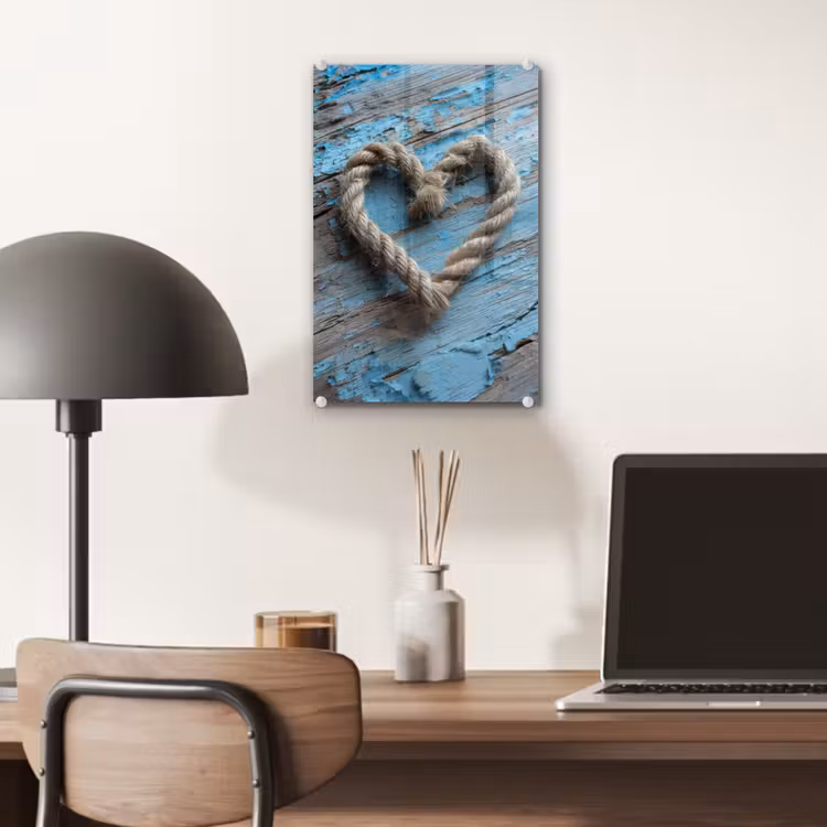 Glas schilderij - Hart - Touw - Hout - Rustiek — 7
