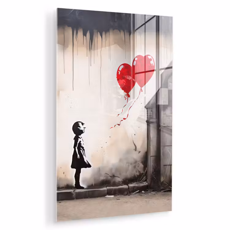 Glas schilderij - Kunst - Meisje - Ballonnen - Hart - Grijs — 1