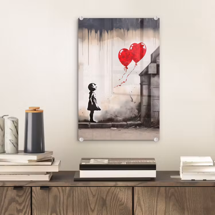 Glas schilderij - Kunst - Meisje - Ballonnen - Hart - Grijs — 2