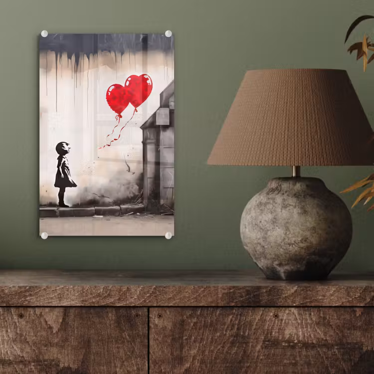 Glas schilderij - Kunst - Meisje - Ballonnen - Hart - Grijs — 4