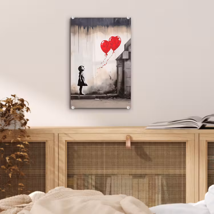Glas schilderij - Kunst - Meisje - Ballonnen - Hart - Grijs — 5