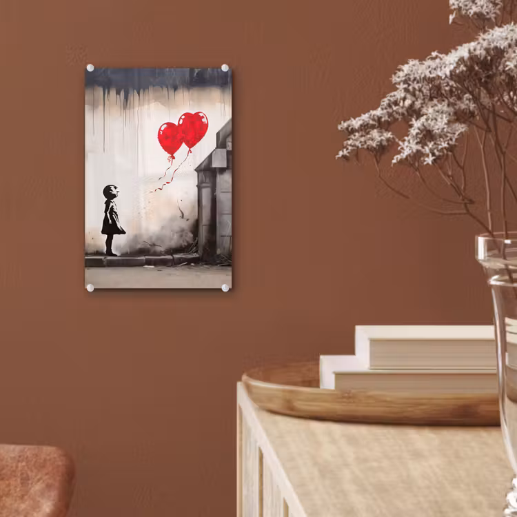 Glas schilderij - Kunst - Meisje - Ballonnen - Hart - Grijs — 6