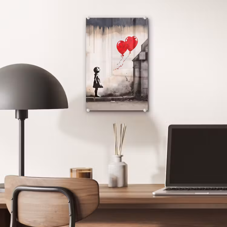 Glas schilderij - Kunst - Meisje - Ballonnen - Hart - Grijs — 7