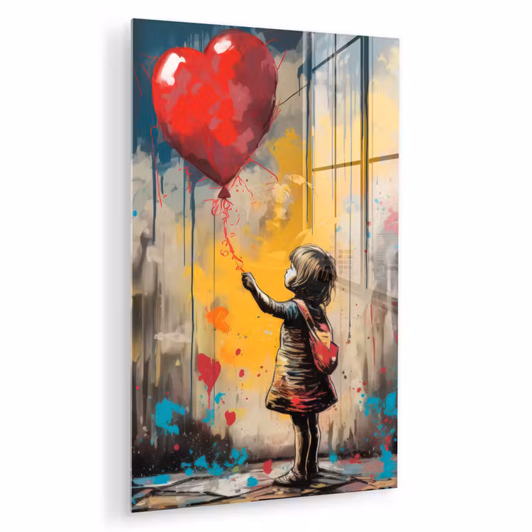 Glas schilderij - Meisje - Ballon - Hart - Graffiti — 1