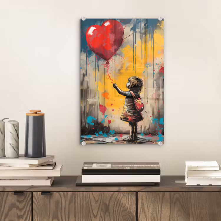 Glas schilderij - Meisje - Ballon - Hart - Graffiti — 2