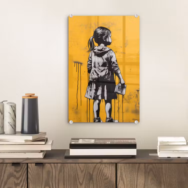 Glas schilderij - Meisje - Boek - Gele Muur - Graffiti — 2