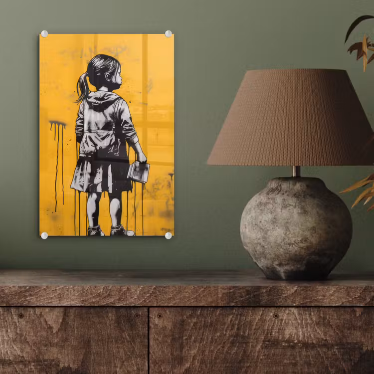 Glas schilderij - Meisje - Boek - Gele Muur - Graffiti — 4