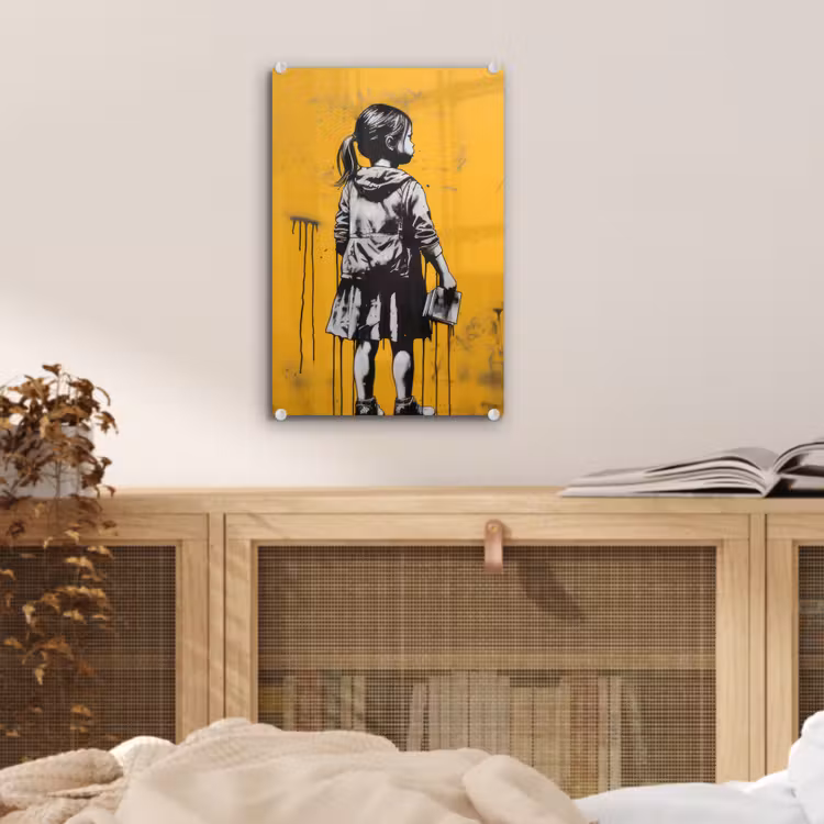 Glas schilderij - Meisje - Boek - Gele Muur - Graffiti — 5