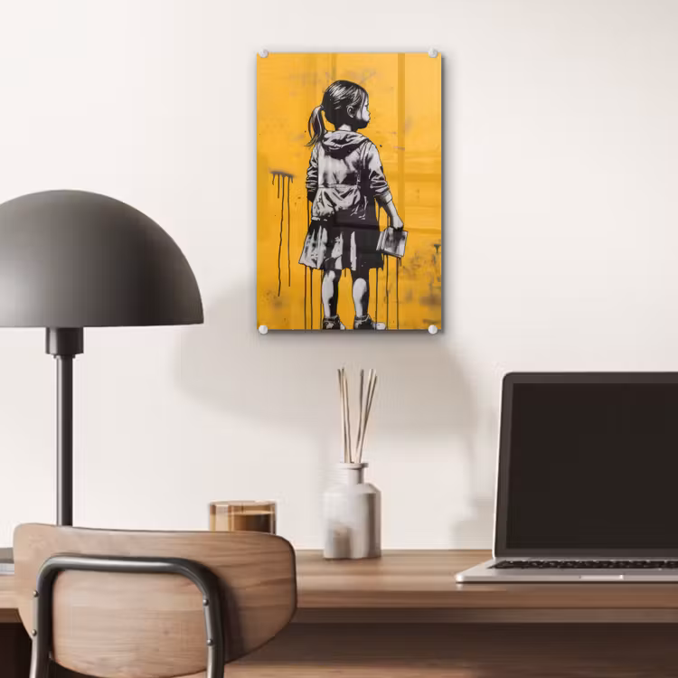 Glas schilderij - Meisje - Boek - Gele Muur - Graffiti — 7