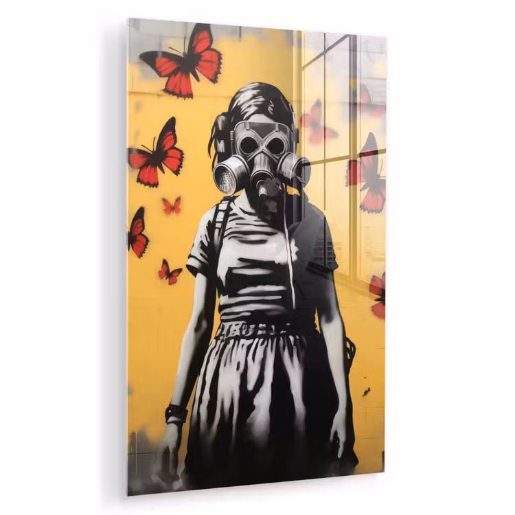 Glas schilderij - Meisje - Gasmasker - Vlinders - Graffiti — 1