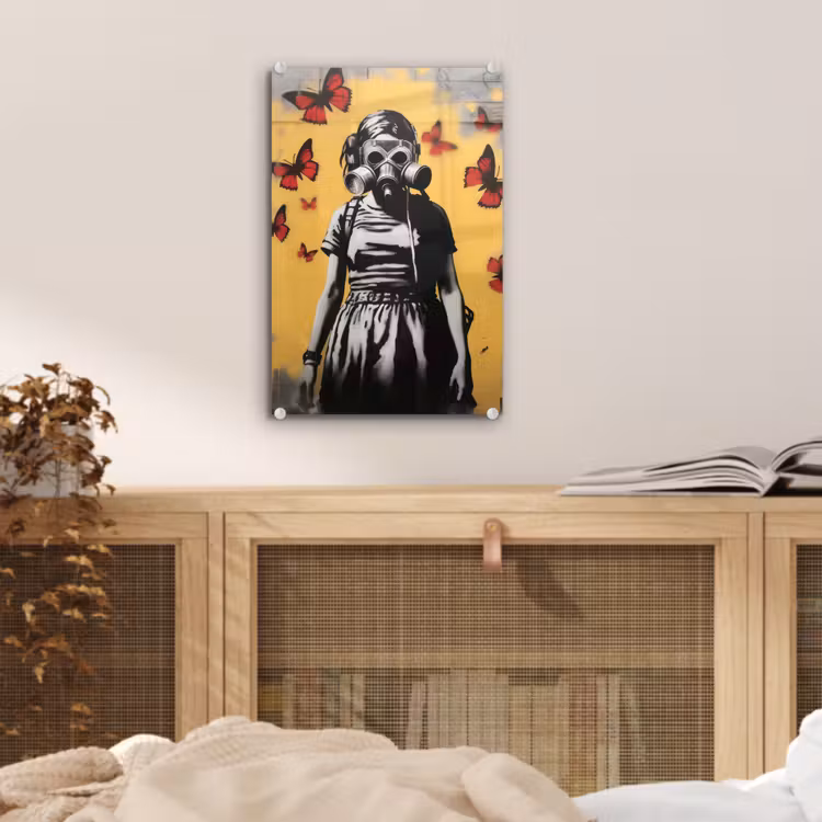 Glas schilderij - Meisje - Gasmasker - Vlinders - Graffiti — 5