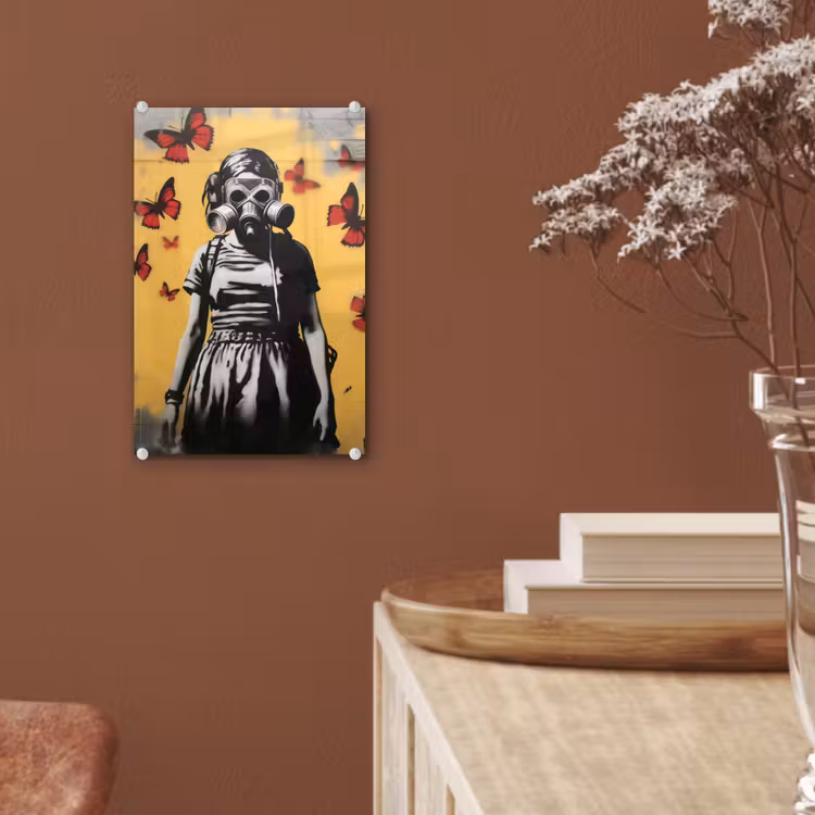 Glas schilderij - Meisje - Gasmasker - Vlinders - Graffiti — 6