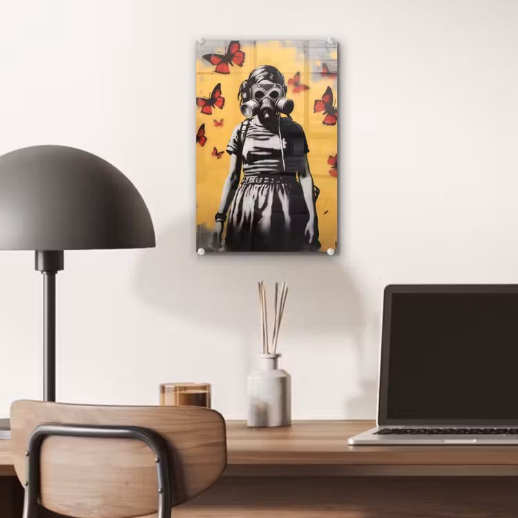 Glas schilderij - Meisje - Gasmasker - Vlinders - Graffiti — 7