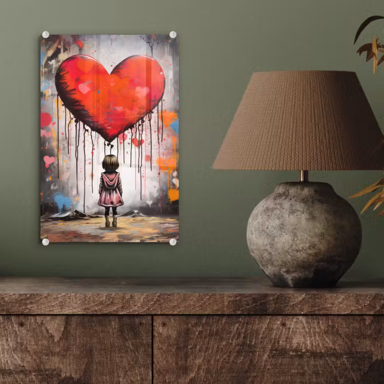 Glas schilderij - Meisje - Hart - Graffiti - Kunst - Kleuren - Rood — 4