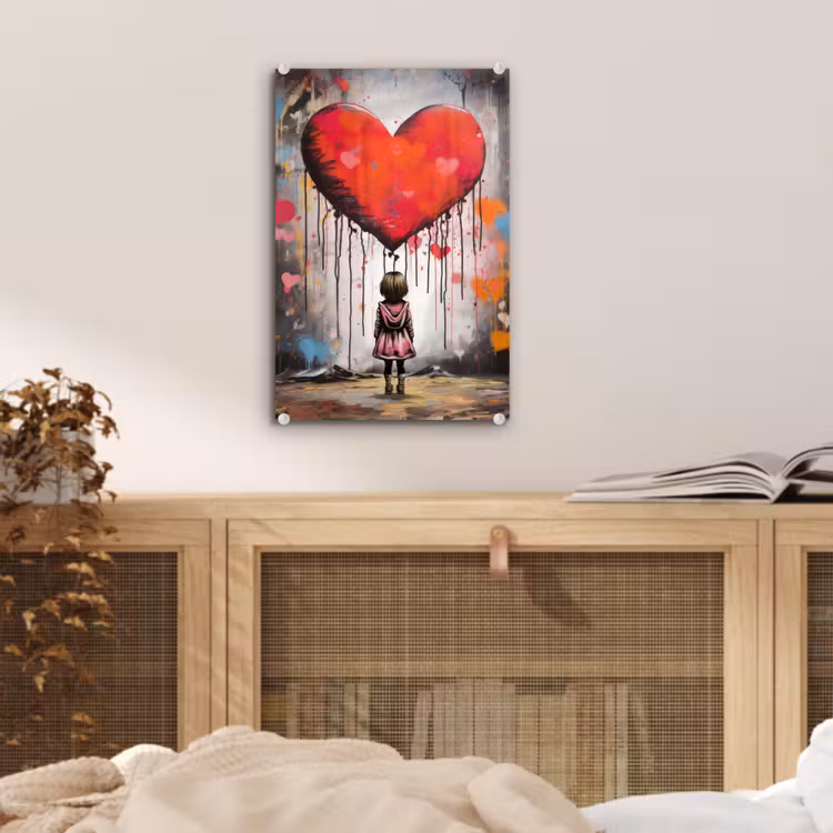 Glas schilderij - Meisje - Hart - Graffiti - Kunst - Kleuren - Rood — 5