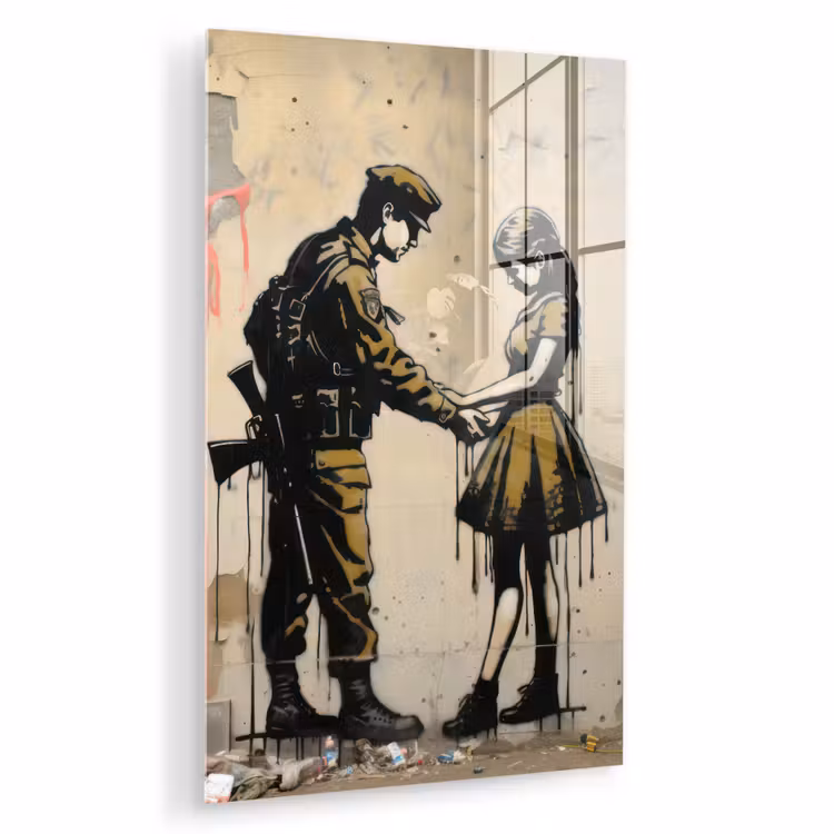 Glas schilderij - Soldaat - Meisje - Bruin - Graffiti — 1
