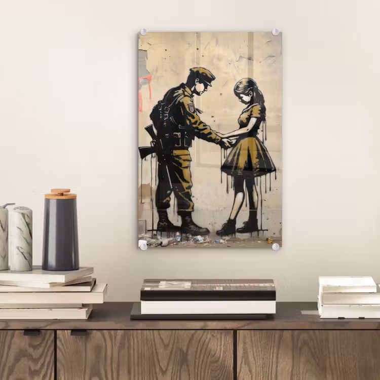 Glas schilderij - Soldaat - Meisje - Bruin - Graffiti — 2