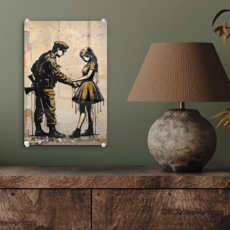 Glas schilderij - Soldaat - Meisje - Bruin - Graffiti — 4