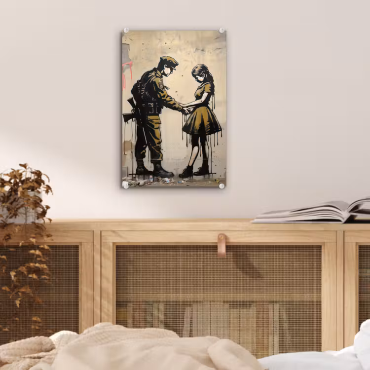 Glas schilderij - Soldaat - Meisje - Bruin - Graffiti — 5