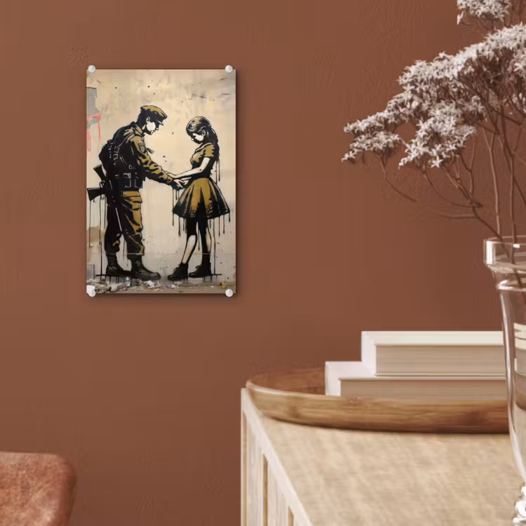 Glas schilderij - Soldaat - Meisje - Bruin - Graffiti — 6