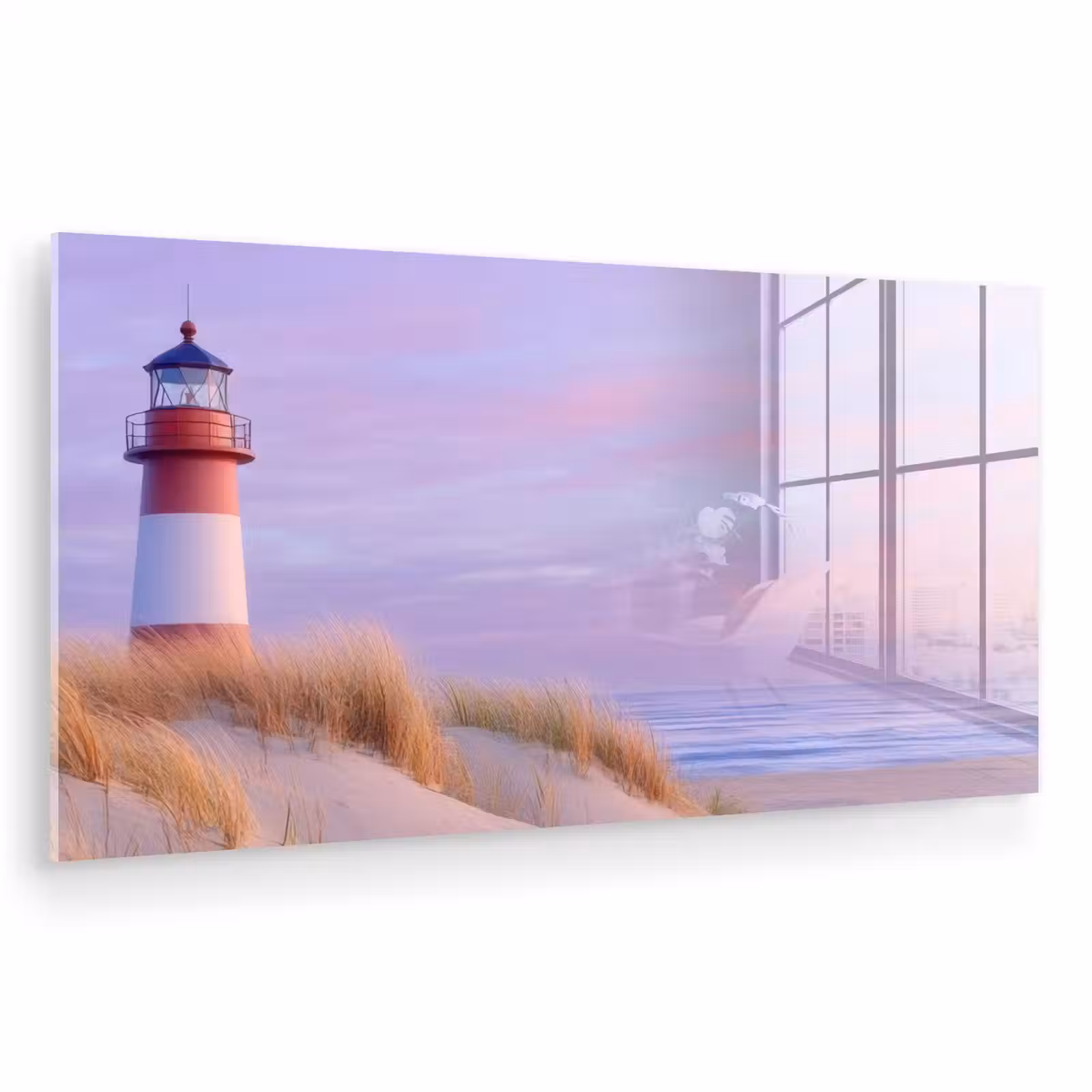 Glas schilderij - Vuurtoren - Duinen - Zonsondergang — 1