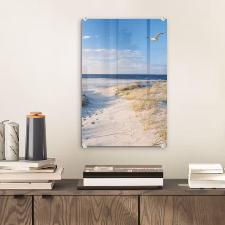 Glas schilderij - Duin - Meeuw - Strand - Zee - Zon — 2