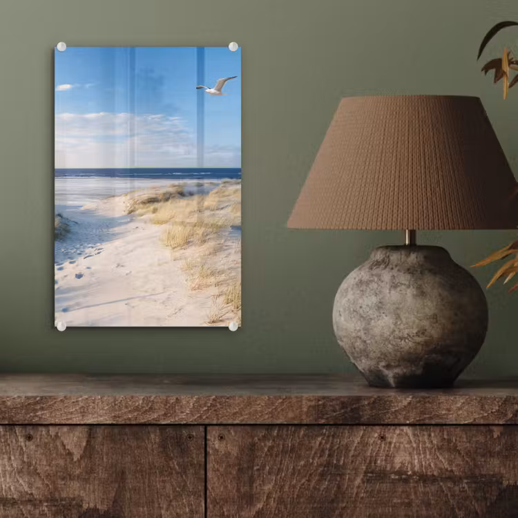 Glas schilderij - Duin - Meeuw - Strand - Zee - Zon — 4