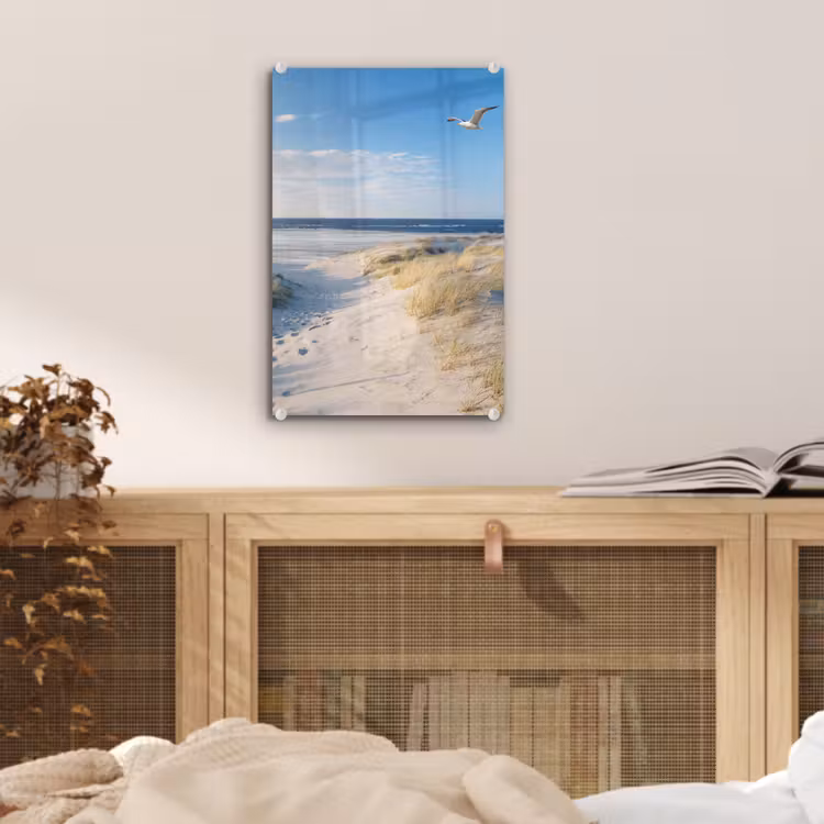 Glas schilderij - Duin - Meeuw - Strand - Zee - Zon — 5