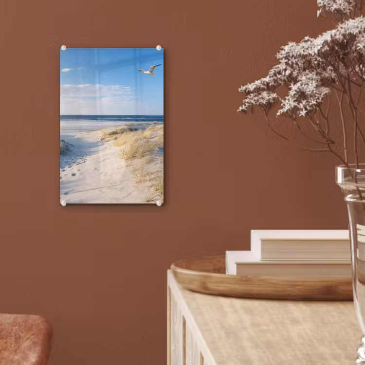Glas schilderij - Duin - Meeuw - Strand - Zee - Zon — 6