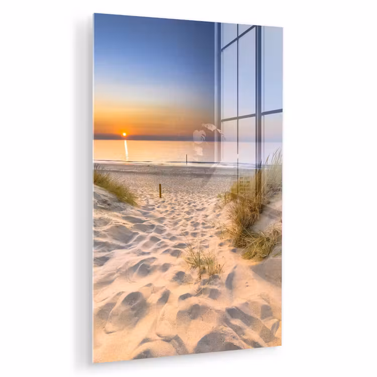 Glas schilderij - Duin - Zonsondergang - Horizon - Strand - Gras — 1