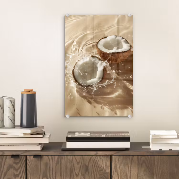 Glas schilderij - Kokosnoot - Water - Beige - Spetters — 2