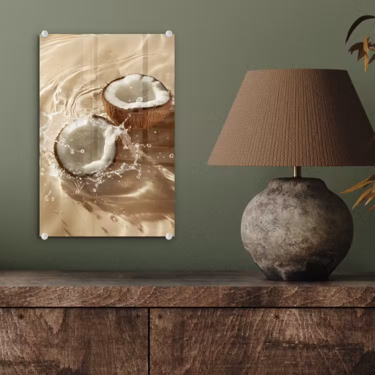 Glas schilderij - Kokosnoot - Water - Beige - Spetters — 4