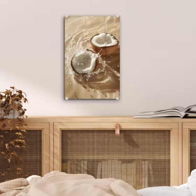 Glas schilderij - Kokosnoot - Water - Beige - Spetters — 5