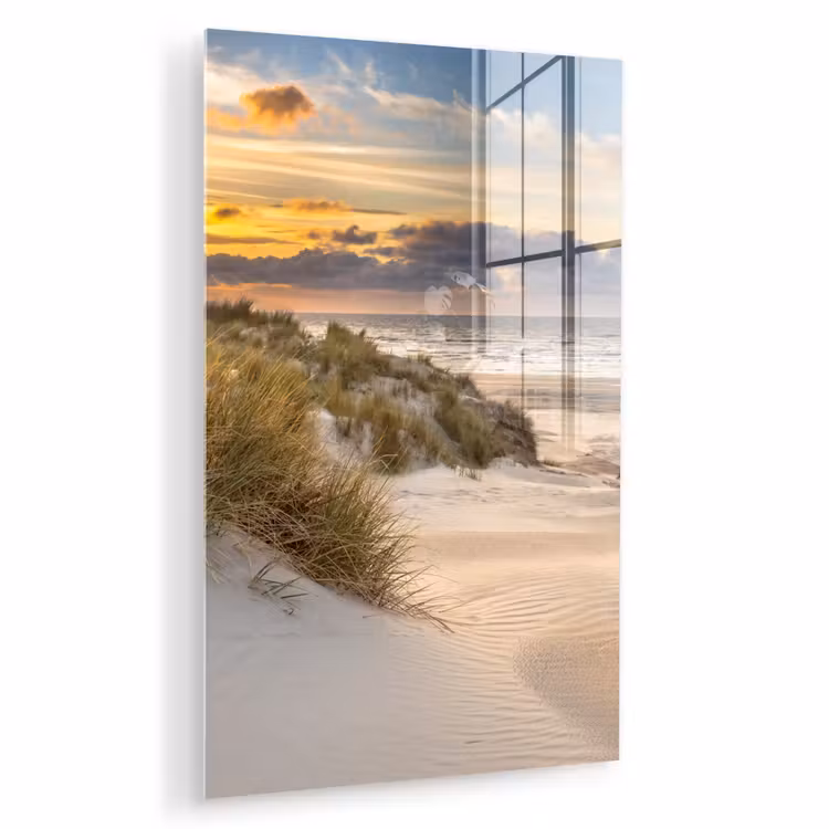 Glas schilderij - Strand - Duin - Gras - Zonsondergang - Zee — 1
