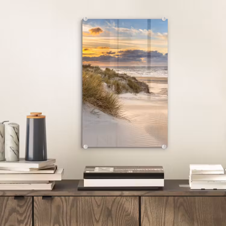 Glas schilderij - Strand - Duin - Gras - Zonsondergang - Zee — 2