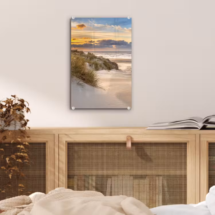 Glas schilderij - Strand - Duin - Gras - Zonsondergang - Zee — 5