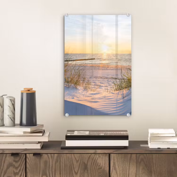 Glas schilderij - Strand - Zon - Duin - Gras - Zand - Horizon — 2