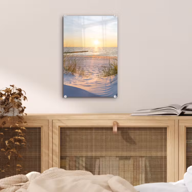 Glas schilderij - Strand - Zon - Duin - Gras - Zand - Horizon — 5