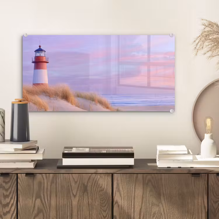 Glas schilderij - Vuurtoren - Duinen - Zonsondergang — 2