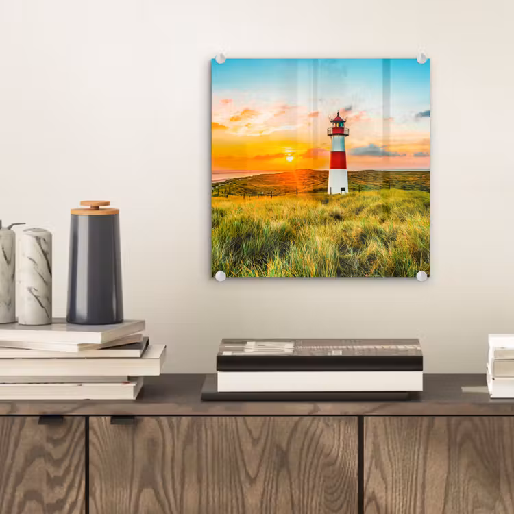 Glas schilderij - Vuurtoren - Natuur - Zon - Landschap - Gras - Strand - Zee — 2