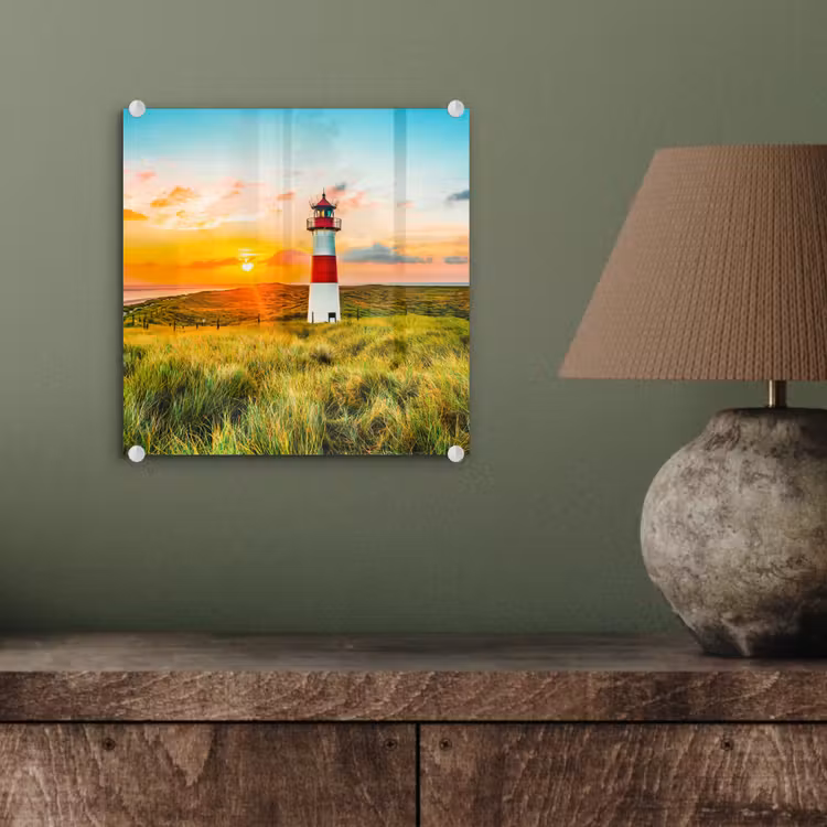 Glas schilderij - Vuurtoren - Natuur - Zon - Landschap - Gras - Strand - Zee — 4