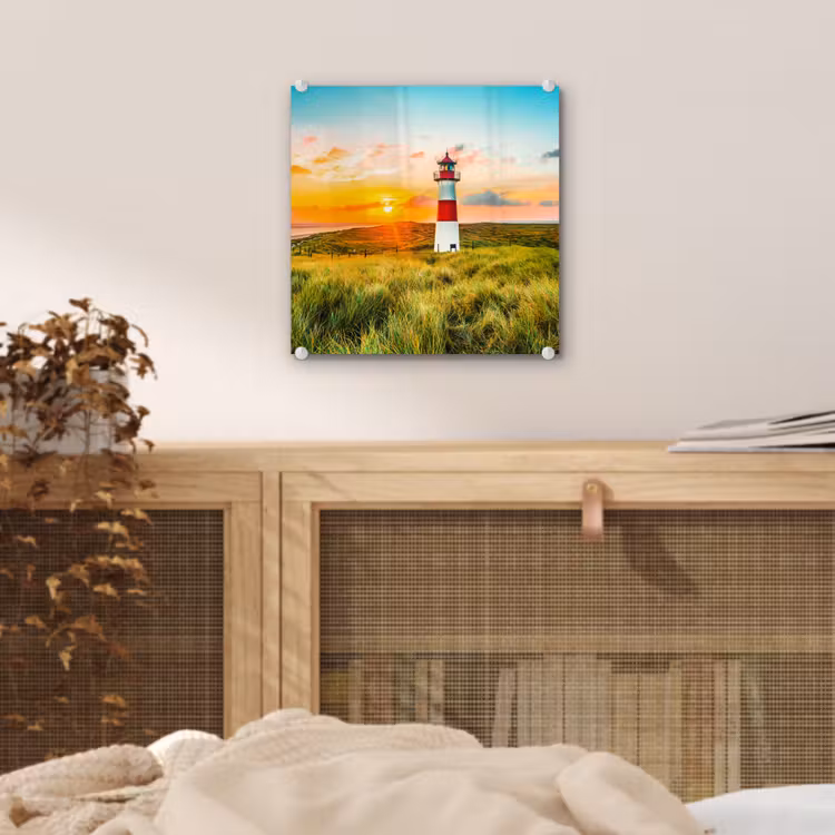Glas schilderij - Vuurtoren - Natuur - Zon - Landschap - Gras - Strand - Zee — 5